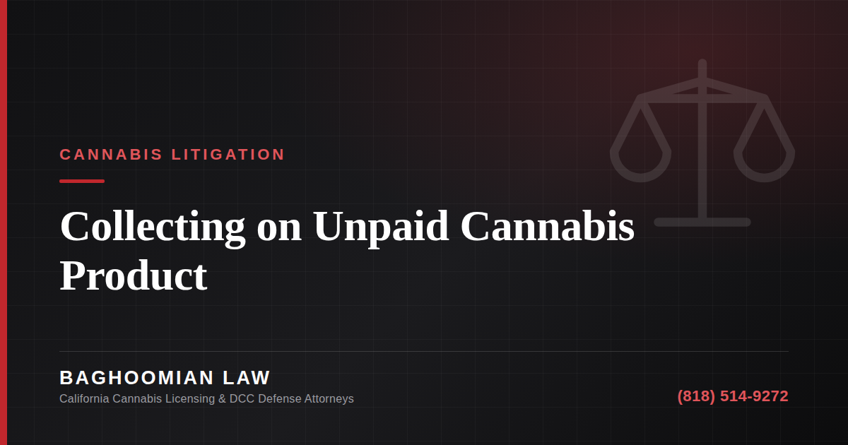 Graphic for a California cannabis collections article on suing licensees for unpaid cannabis product.