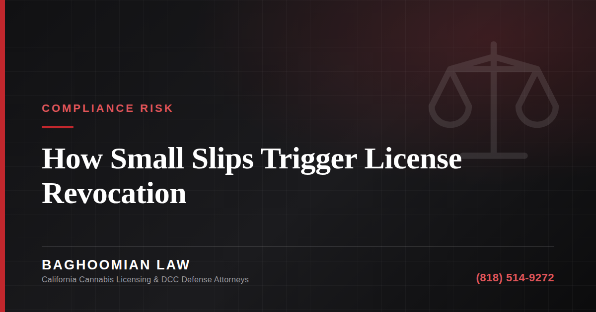 Graphic on how small cannabis compliance mistakes can trigger California license revocation.